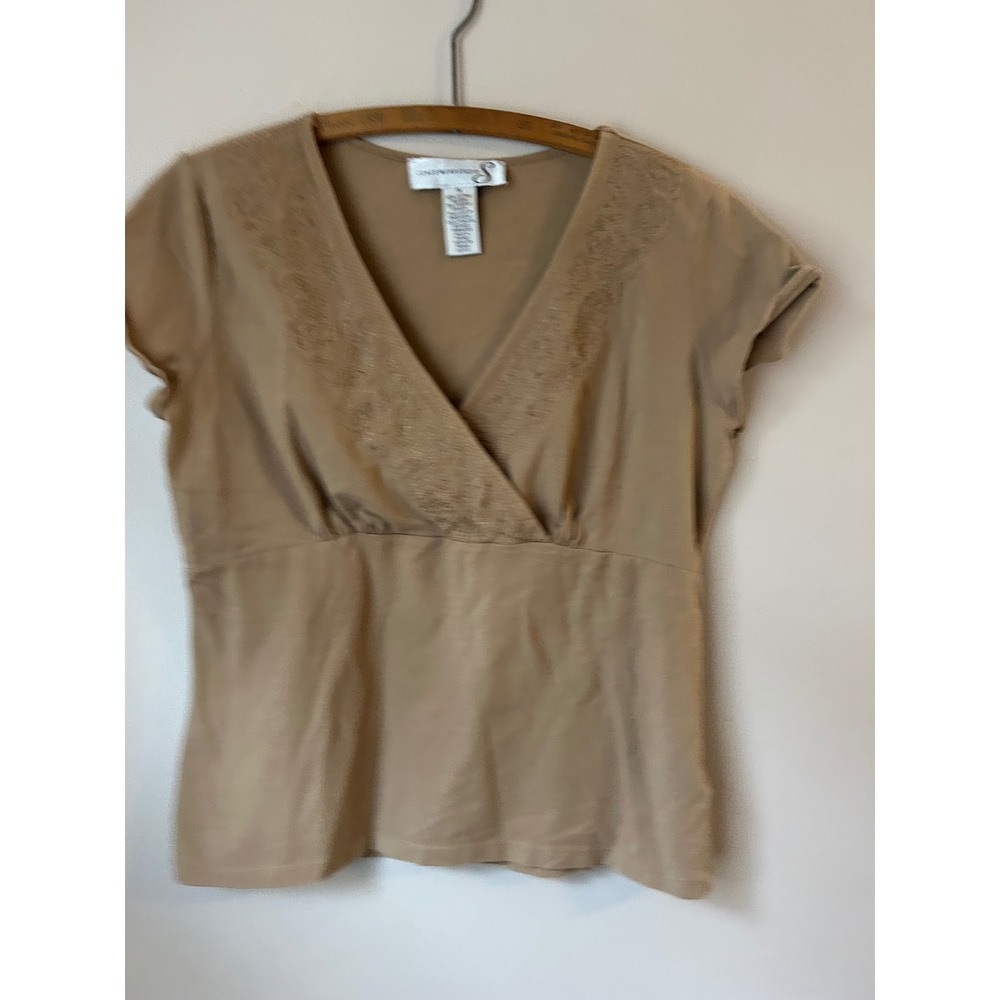 y2k Jones Wear Studio Beige‎ Embroidered V Neck Size M 90s Normcore Babydoll - Picture 6 of 8